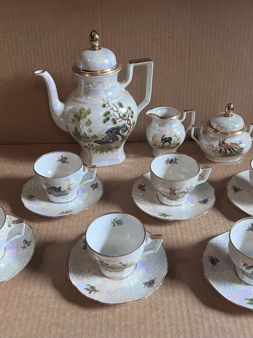 Vtg 17pcs Bareuther Waldsassen Germany Lustreware Tea Service - Hunting Scenes